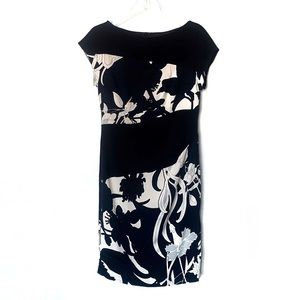 ESCADA Black, Navy & White Floral Print Career Sheath Dress - Size 38/8